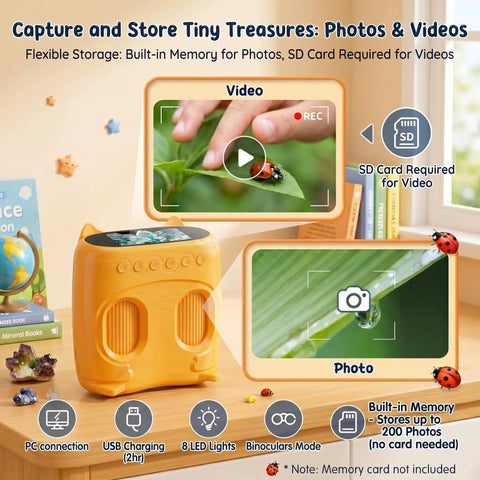 2 In 1 Kids Microscope And Telescope With 1000X Magnification Handheld Digital Microscope With 2 Inch Screen And 8 LED Lights Totally Kid Approved For Outdoor Use 10X Pocket Telescope 1080P Camera STEM Toy Gift For Boys And Girls Ages 4 To 12 Yellow showing photo and video storage