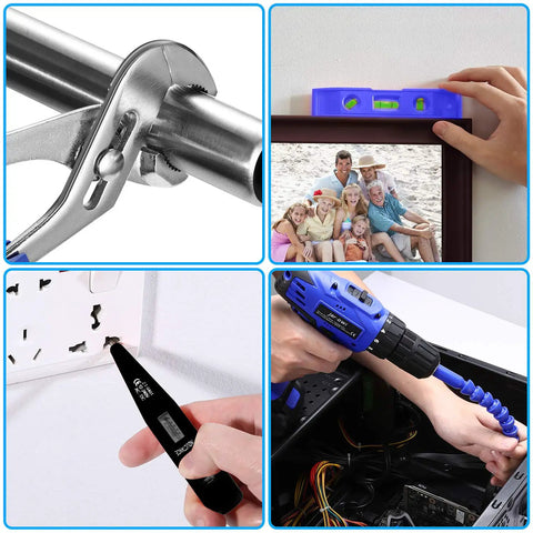 Collage showing 21V Cordless Drill Set With 112 Piece Home Repair Tool Kit For DIYers Lightweight Hammer Drill in use