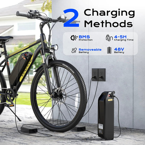 Beast 750W Peak Electric Mountain Bike With 48V Battery And 22 MPH Top Speed showcasing charging methods