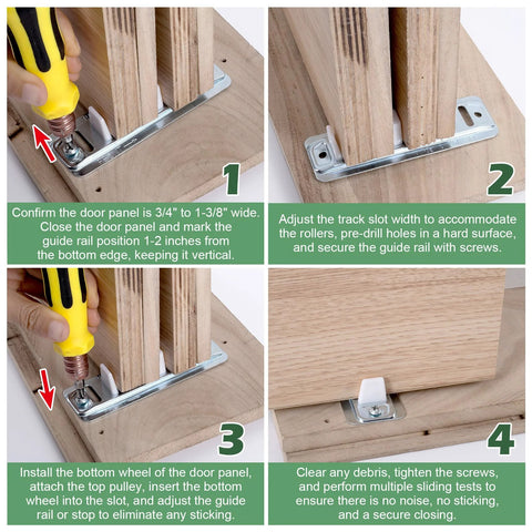 Installation steps for Sliding Closet Door Floor Guide For Bottom Track Systems Adjustable Steel Guides For Floor Screws Hardware Fits Three Quarters Inch To One And Three Eighths Inch Thick Doors Includes One Set With Two Screws Smooth Sliding And Easy Installation.