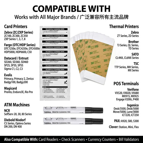 Top Tier Printer Cleaning Kit To Keep Your Fargo Compatible ID Card Printer Back In Action With Pro IPA Cleaning Pens Adhesive Cards And Heavy Duty Roller Wipes For No Sweat Routine Maintenance, showing compatible brands and cleaning wipes.