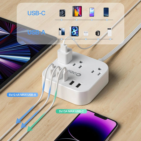 5Ft Power Strip With USB Ports Plus 1 USB-C, Non Surge Protector For Travel Cruise Ship Home And Office, 3 Spaced AC Outlets