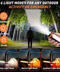 Portable USB Rechargeable Camping Lanterns with 6 light modes illuminating a forest and campsite, ideal for outdoor adventures, 3-Pack.