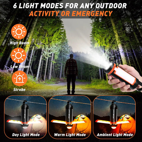 Portable USB Rechargeable Camping Lanterns with 6 light modes illuminating a forest and campsite, ideal for outdoor adventures, 3-Pack.