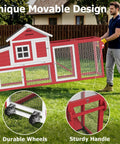 Person moving extra large outdoor chicken coop with run and wheels for six to ten chickens, featuring sturdy handle and wheels.