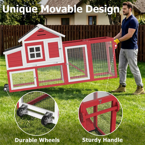 Person moving extra large outdoor chicken coop with run and wheels for six to ten chickens, featuring sturdy handle and wheels.