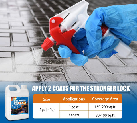 Top Shelf Wet Look Stone Sealer And Concrete Shield Comes With A Hassle Free Trigger Spray on a textured surface.