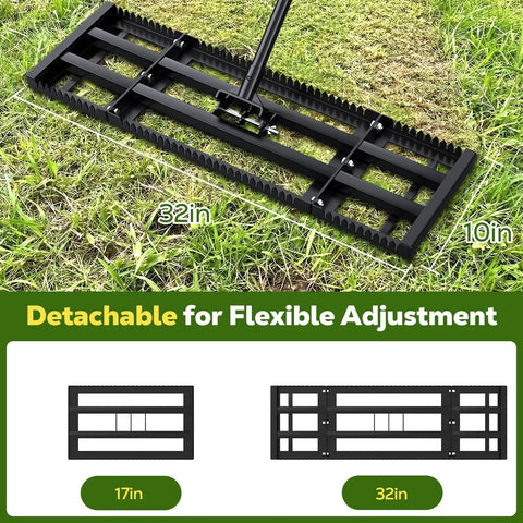 Two In One Lawn Leveling Rake With Dual Sided Design 32 By 10 Ground Plate shown on grass surface, detachable feature displayed