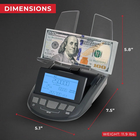 Pro Grade Money Counting Scale and Bill Counter for Fast Cash Drawer Tally with dimensions and weight display