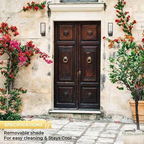 Set Of 2 Black Outdoor Wall Sconces 11 Inch Matte Finish Vintage Style Vanity Lighting on stone wall beside wooden door