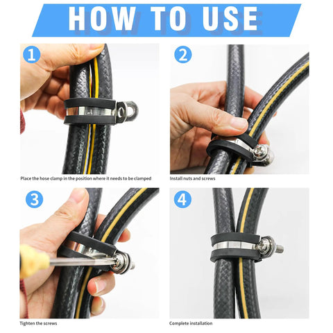 Step-by-step installation of Stainless Steel Cable Clamps Kit With Rubber Cushioned Insulated Clamps on hose and wires.