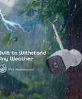 1080p Outdoor Security Camera With Night Vision, Weatherproof, mounted on brick wall during rainstorm, ideal for home surveillance