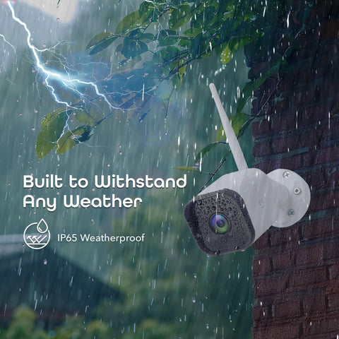 1080p Outdoor Security Camera With Night Vision, Weatherproof, mounted on brick wall during rainstorm, ideal for home surveillance