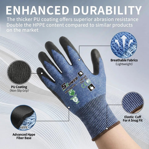 60 Pairs ANSI A7 Cut Resistant Gloves For Men And Women, Touchscreen Ready, heavy-duty glove close-up showing details, CR7121 XL.