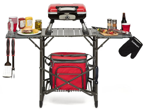 Stainless Steel 3 Piece BBQ Grilling Tool Set With Spatula Fork And Tongs Plus Bonus Grill Glove displayed on portable grill stand