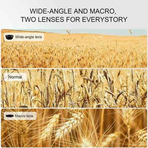 Comparison of wide-angle, normal, and macro lens views on wheat field for 64MP 4K 5K Digital Camera Kit With WiFi For YouTube Vlogging