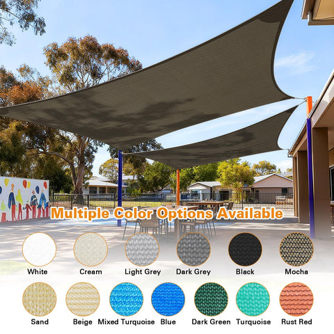 Mocha 7x9 Sun Shade Sail Keeps You Cool No Sweat over a playground, showcasing multiple color options available.
