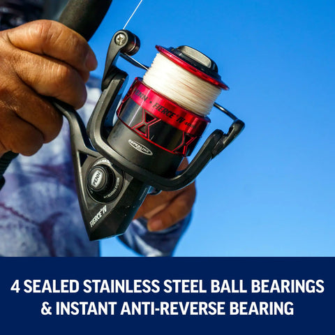 Close-up of Fierce IV Spinning Reel And Fishing Rod Combo For Saltwater Angling with full metal body, held by an angler.