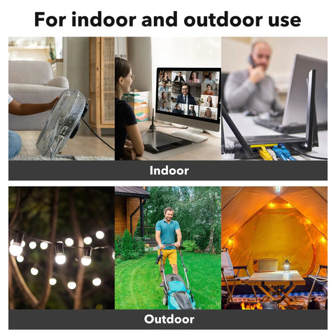 Collage showing indoor and outdoor use of 6ft Indoor Outdoor Extension Cord 16 Gauge 3 Conductor SJTW, 2 Pack, Black, 3 Prong.