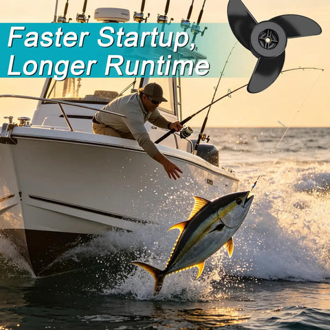 Angler on boat using 3 Blade Trolling Motor Propeller For Motorguide Machete III Compatible, 3.5 Hub Small Boat Shallow Water Replacement