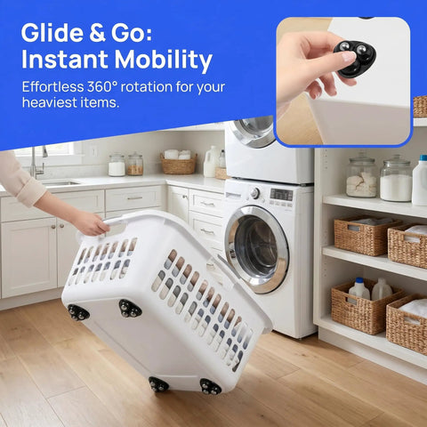 Twelve Pieces Self Adhesive Mini Casters And Swivel Ball Wheels That Roll Smooth As Butter For Trash Cans Storage Bins And Kitchen Organizers With Easy Peasy Sticky Backing To Boost Home Storage Game Today on a laundry basket in a kitchen.