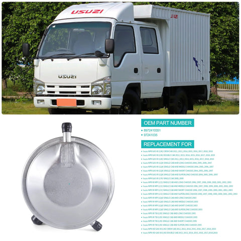 Vacuum pump (round metal) for Isuzu NPR HD; OEM parts 97241035 and 8972410351; shown with Isuzu box truck.