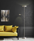 70 Inch Modern Slim LED Torchiere Floor Lamp With Reading Light And Remote In Antique Brass Finish next to a yellow sofa