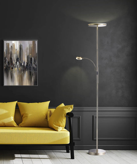 70 Inch Modern Slim LED Torchiere Floor Lamp With Reading Light And Remote In Antique Brass Finish next to a yellow sofa
