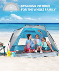 Family sitting inside Pop Up Beach Tent For 3 To 4 People With Sandbags, Easy One Person Setup, Portable Sun Shade Canopy