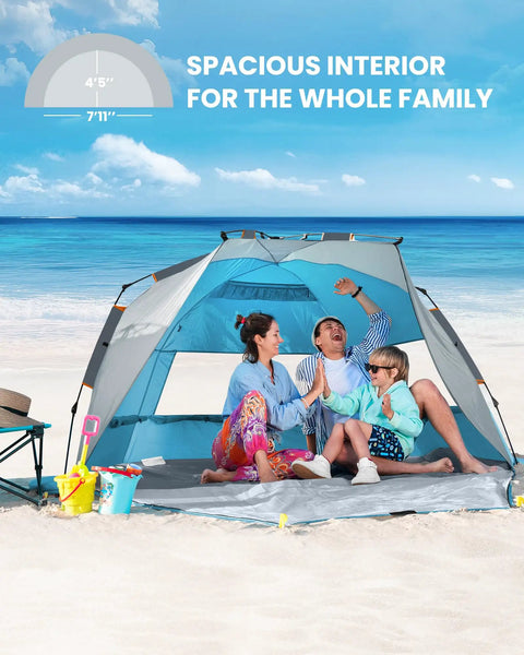 Family sitting inside Pop Up Beach Tent For 3 To 4 People With Sandbags, Easy One Person Setup, Portable Sun Shade Canopy
