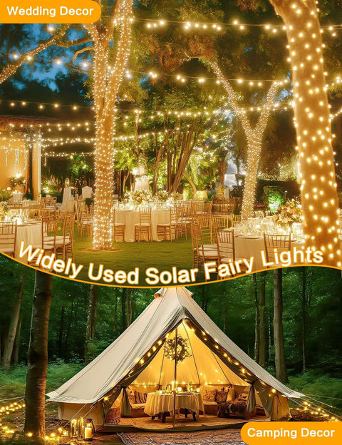 Two Pack 66ft Outdoor Solar String Lights With 200 LEDs Waterproof Copper Wire 8 Modes Warm White Twinkle Lights For Garden Patio Tree Wedding Christmas Fence Decor used in wedding and camping setup