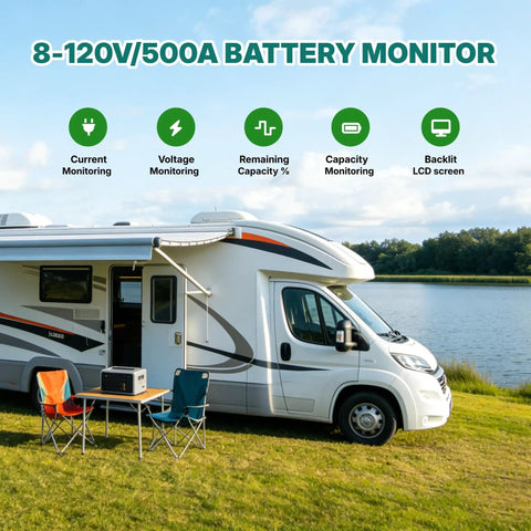 Battery Monitor With Shunt For RV Camper Boat Solar Off Grid Power displayed on an outdoor camping setup by a lake.