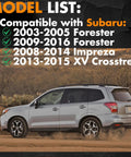 SUV driving on dirt road, compatible with 2003-2015 Subaru models, featuring model list for Sun Visor Clip For Subaru Forester Impreza Crosstrek Driver Side Gray Replacement Mount Keeps Your Visor Up And Stays Quiet Easy Fix For Droopy Sun Visors And Obstructions