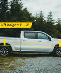 Beefy Direct Mount One To Three Inch Torsion Bar Keys Lift Kit showcasing side view of a lifted white pickup truck with lift height indicators