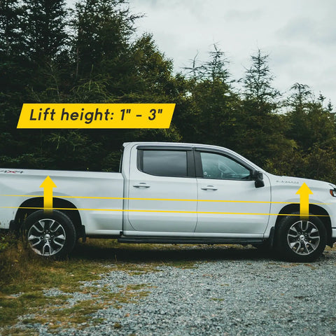 Beefy Direct Mount One To Three Inch Torsion Bar Keys Lift Kit showcasing side view of a lifted white pickup truck with lift height indicators
