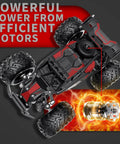 Top view of Beast Mode Remote Control Car 25 Kilometers Per Hour 2.4GHz 1:18 Off Road Monster Truck With LED Lights in red with motors
