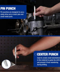 Pin and center punch tools demonstrated on machinery; part of Knockout Five Piece Punch And Chisel Set Forged From Tough Chrome Vanadium Steel For Serious Masonry And Metal Cutting Tasks Built To Eat Hammer Blows Day After Day On Any Grungy Job Site With Tray.