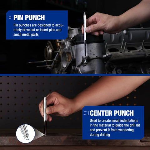 Pin and center punch tools demonstrated on machinery; part of Knockout Five Piece Punch And Chisel Set Forged From Tough Chrome Vanadium Steel For Serious Masonry And Metal Cutting Tasks Built To Eat Hammer Blows Day After Day On Any Grungy Job Site With Tray.