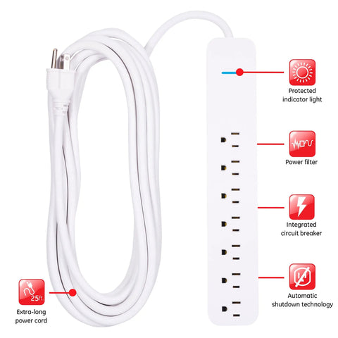 7 Outlet Surge Protector Power Strip With 25 Ft Extension Cord, 1080 Joules, Wall Mount, Integrated Circuit Breaker, UL Listed