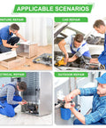 Four images depicting applicable repair scenarios: furniture, car, electrical, and outdoor repairs with visible tools and people.