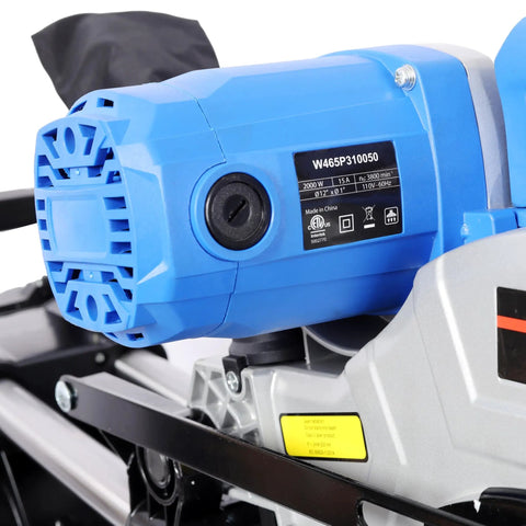 Close-up of 15 Amp motor on Heavy Duty Pro Grade Sliding Compound Miter Saw With 12 Inch 80 Tooth Blade And 15 Amp Motor Delivers Dual Bevel Versatility Dead On Laser Guide That Nails Wood Decking Panels Flawlessly.