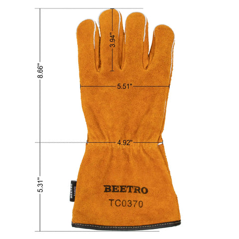 Heavy Duty Welding Gloves 12 Pairs Cow Leather Heat Resistant Mitts For Forge Mig Stick Tig Welding Oven Grill Fireplace Stove Fireproof Hand Protection With Cozy Soft Lining, single glove dimensions shown.