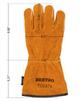 Heavy Duty Cowhide Welding Gloves For Forge MIG And Stick Welding Heat Resistant Mitts With Soft Lining, labeled with dimensions.