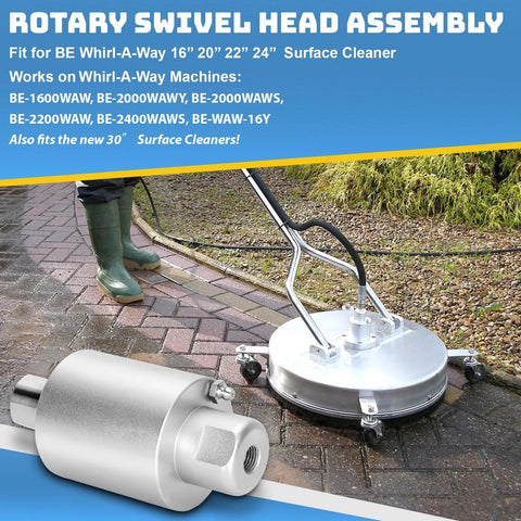 Rotary Swivel Head Replacement for BE Whirl-A-Way Surface Cleaners 16 to 24 Inch shown cleaning patio with nozzle detail inset