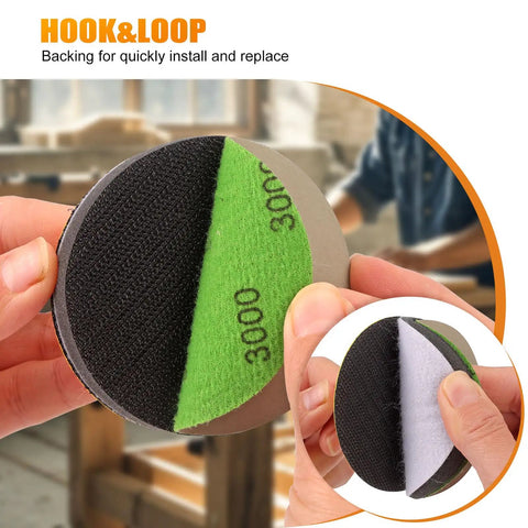 Assorted Grit 3 Inch Pro Grade Silicon Carbide Sanding Discs Set For Wet And Dry Sanding With Hook And Loop Backing shown in hand