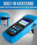 FPM-55 Pro Grade Fiber Optic Power Meter with USB Data Storage showing display and kickstand, blue casing, 2025 model.