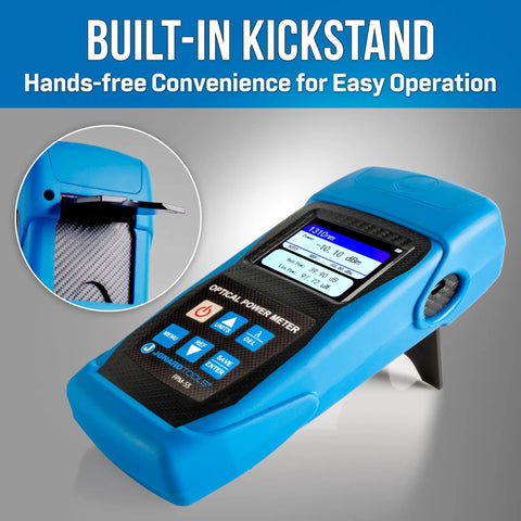 FPM-55 Pro Grade Fiber Optic Power Meter with USB Data Storage showing display and kickstand, blue casing, 2025 model.