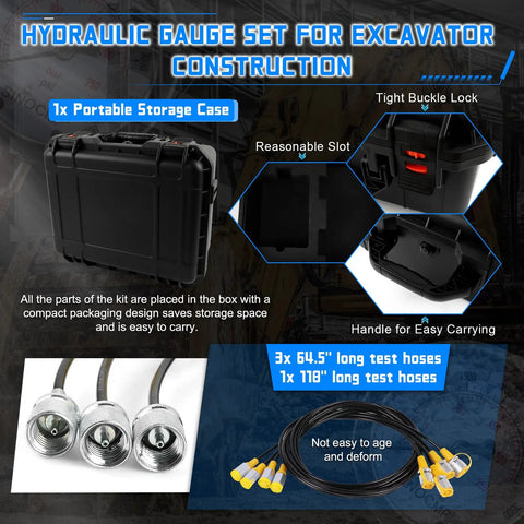 Heavy Lifter Hydraulic Pressure Test Kit With Four Reliable Gauges And Ten Rugged Couplings Plus Three Premium Hoses Perfect For Excavator Service And Construction Project Demands Comes With A Secure Latch Carry Case