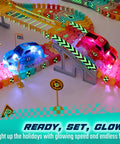 Light Up LED Race Cars For Glow Tracks, 2 Pack Replacement Racers on colorful track, neon lights illuminating path