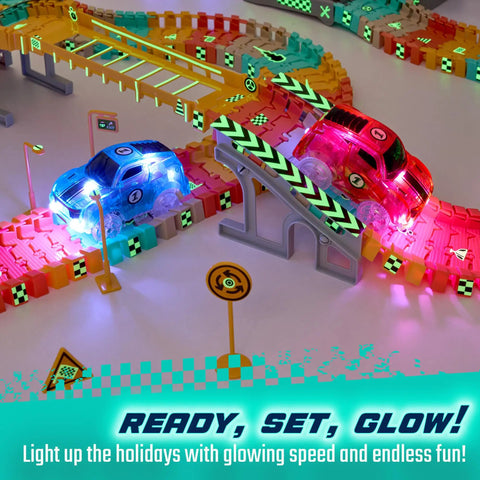Light Up LED Race Cars For Glow Tracks, 2 Pack Replacement Racers on colorful track, neon lights illuminating path